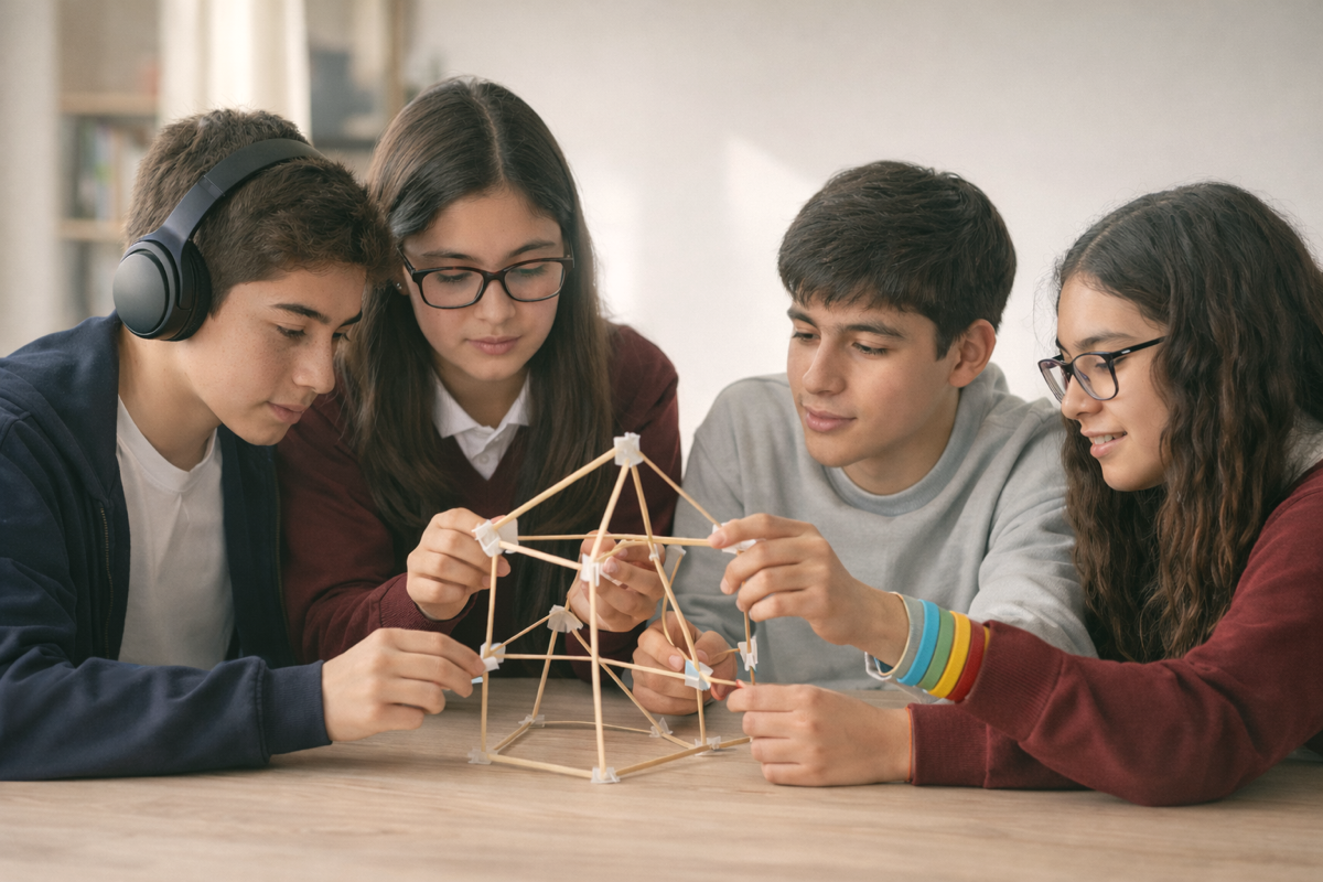 Estudiantes trabajando colaborativamente en una actividad educativa inclusiva