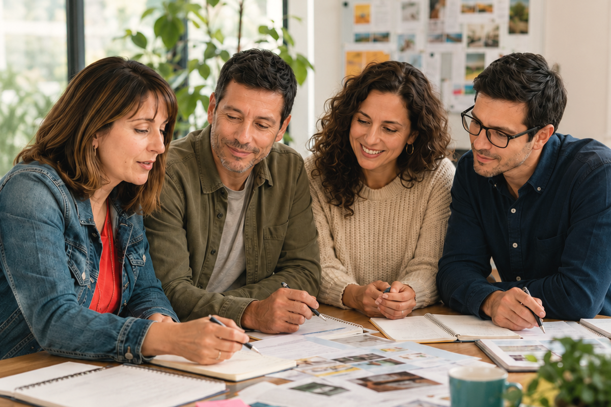 Equipo profesional trabajando colaborativamente en una mesa de planificacion